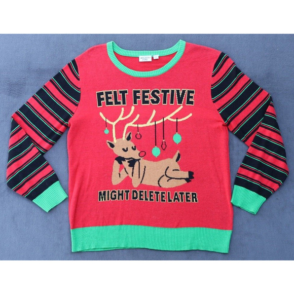 Mighty Fine Sweaters - Womens Mighty Fine Small Christmas Sweater Felt Festive Reindeer Holiday Red Top